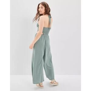 American Eagle NWT Smocked Cut-Out Jumpsuit Sz L Teal Blue maxi Comfy Cotton